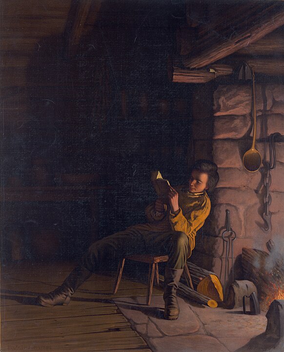 Lincoln as a boy, reading by firelight 