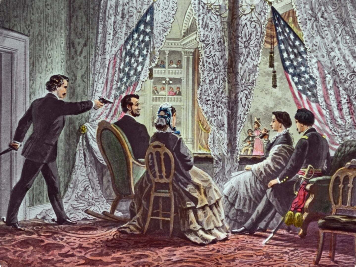 John Wilkes Booth leaning forward to shoot President Abraham Lincoln as he watches Our American Cousin at Ford's Theater in Washington, D.C. 14 April 1865.